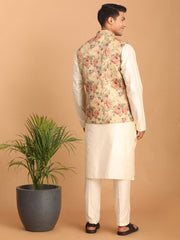 Men's Cream And Brown Silk Blend Jacket, Kurta and Pyjama Set