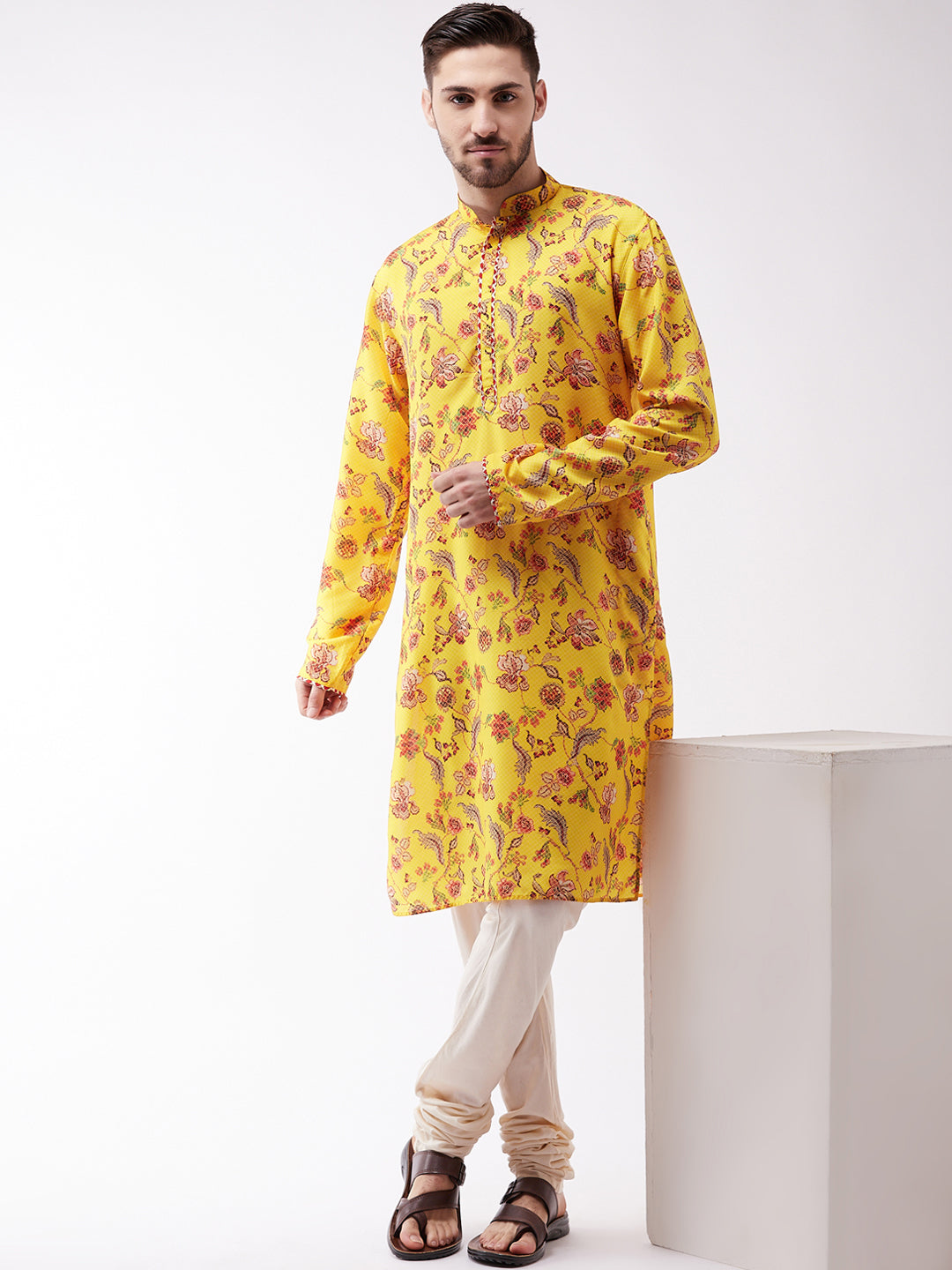 Men's Floral Printed Multicolor-Base-Yellow Silk Blend Kurta