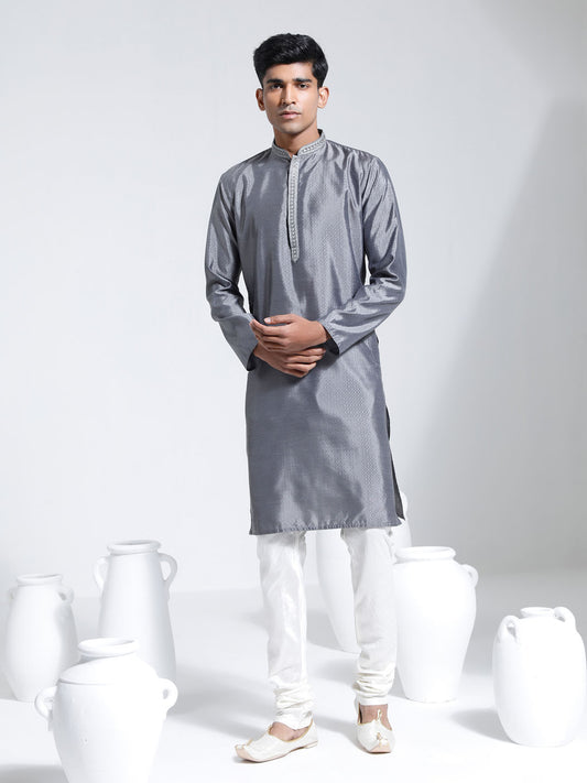 Men's Gray And Cream Silk Blend Kurta Pyjama Set