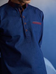 Men's Navy Blue Denim Short Kurta