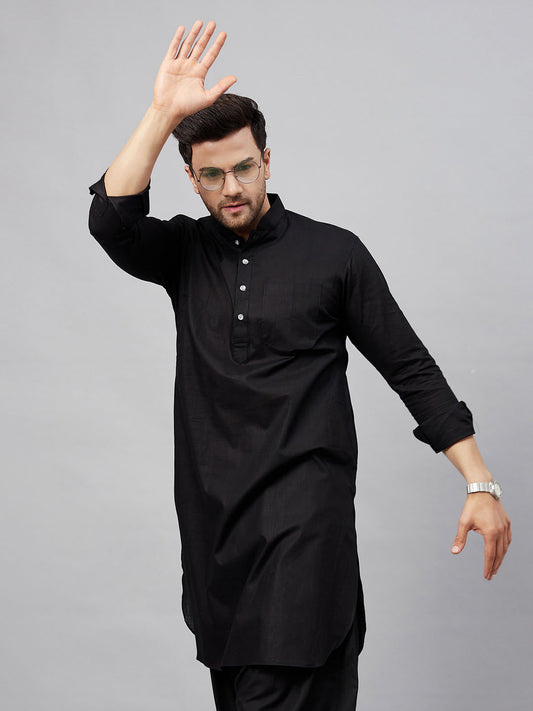 Men's Black Cotton Linen Blend Kurta