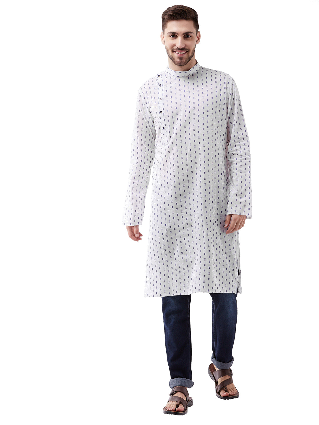 Men's White And Blue Cotton Kurta