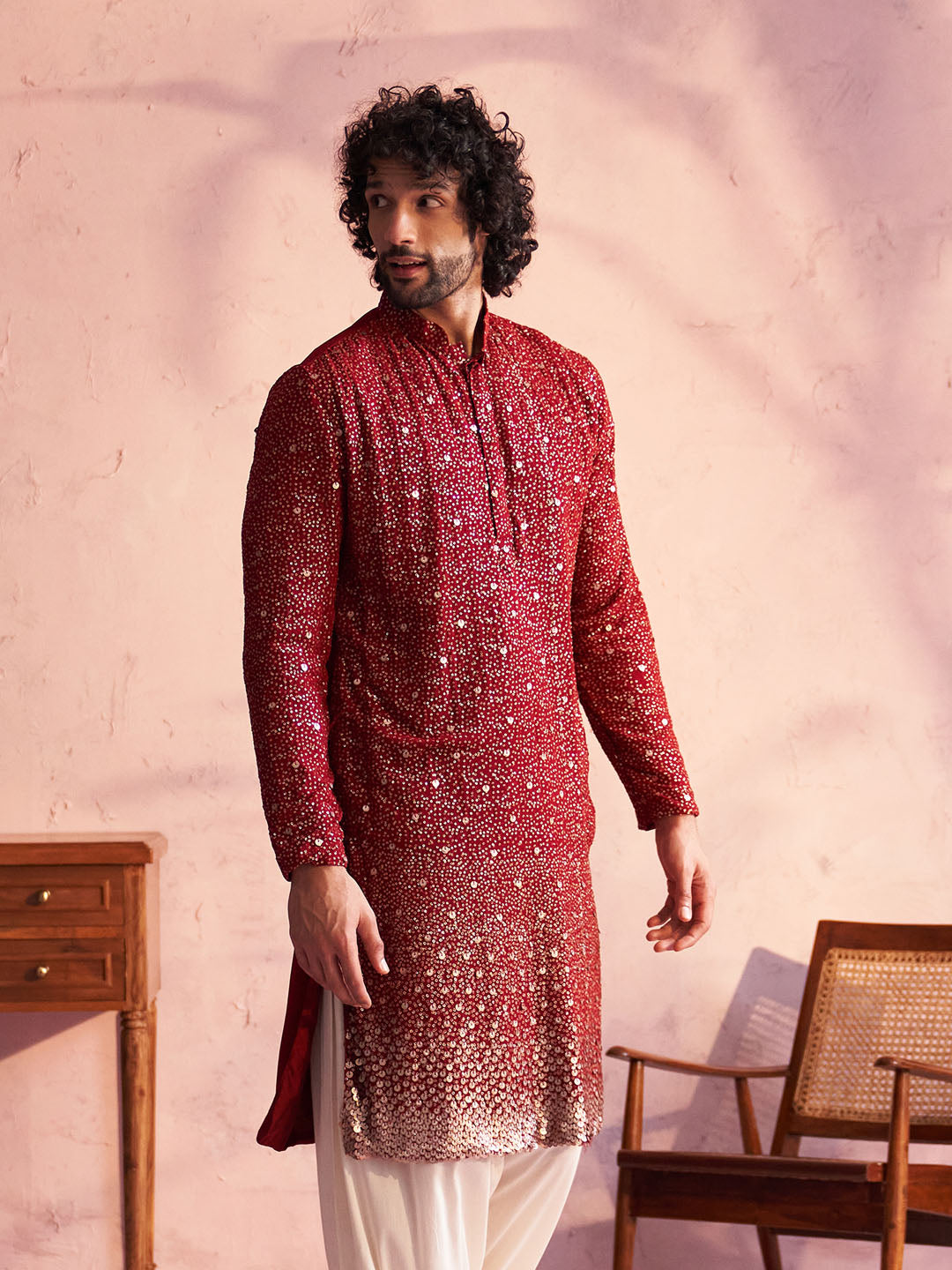 Men's Maroon Georgette Kurta