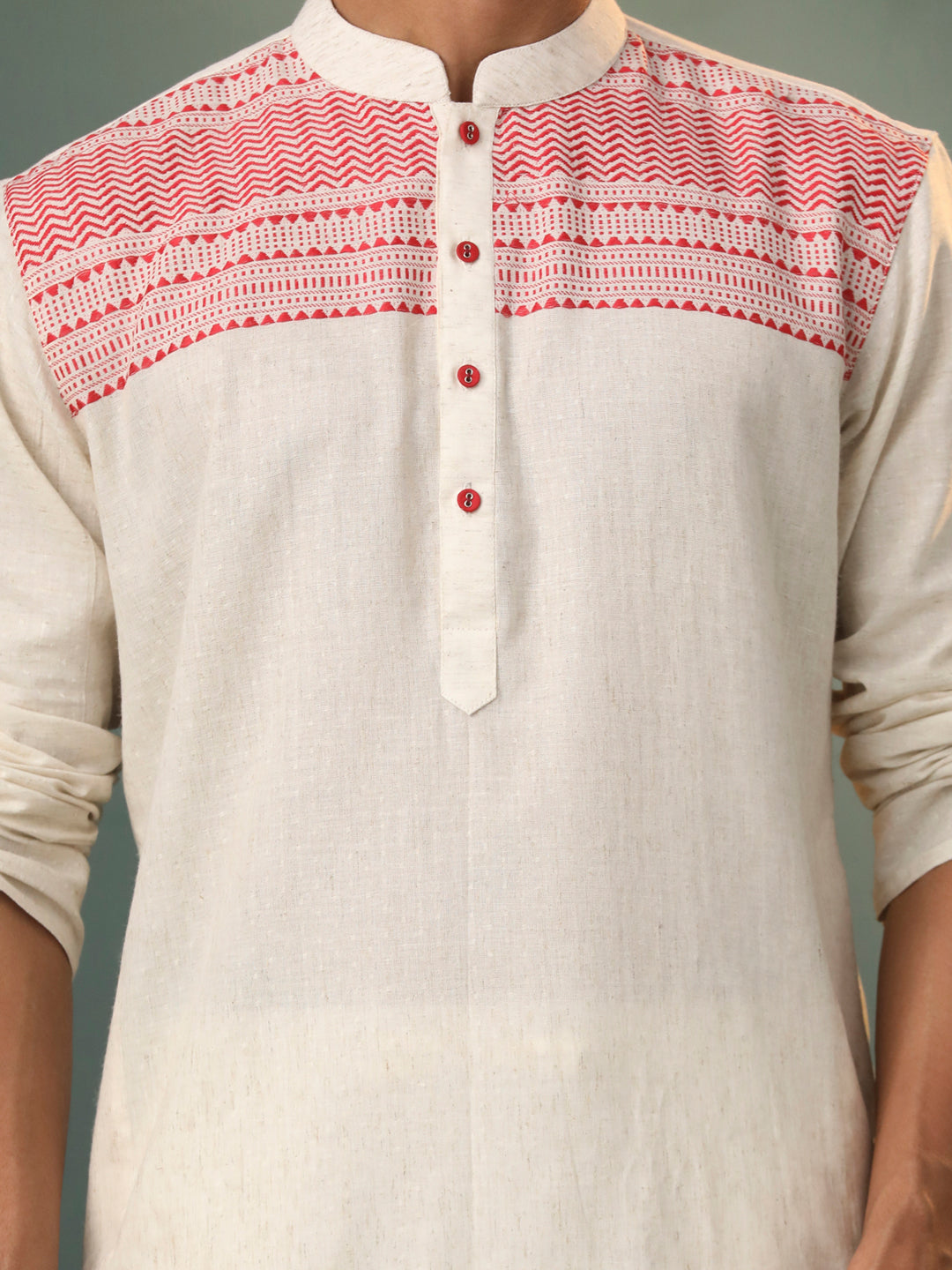 Men's Cream And Red Cotton Kurta Pyjama Set