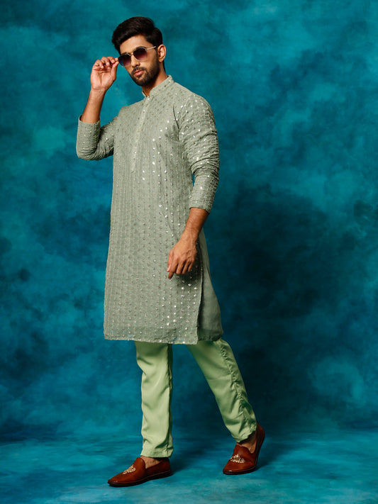 Men's Mint Green Georgette Kurta Pyjama Set