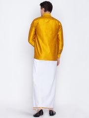 Men's Mustard and White Silk Blend Shirt And Mundu