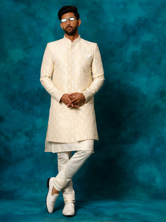 Men's Beige And Cream Viscose Sherwani Set