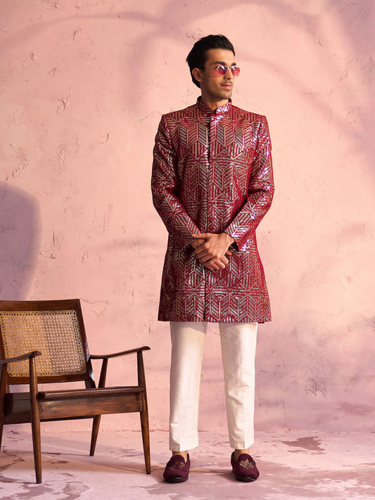 Men's Maroon And Cream Georgette Sherwani Set