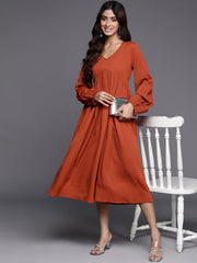 Varanga Women Rust V-Neck, Bishop Sleeves, Gathered Details  Calf Length A-Line Dress, Flared Hem