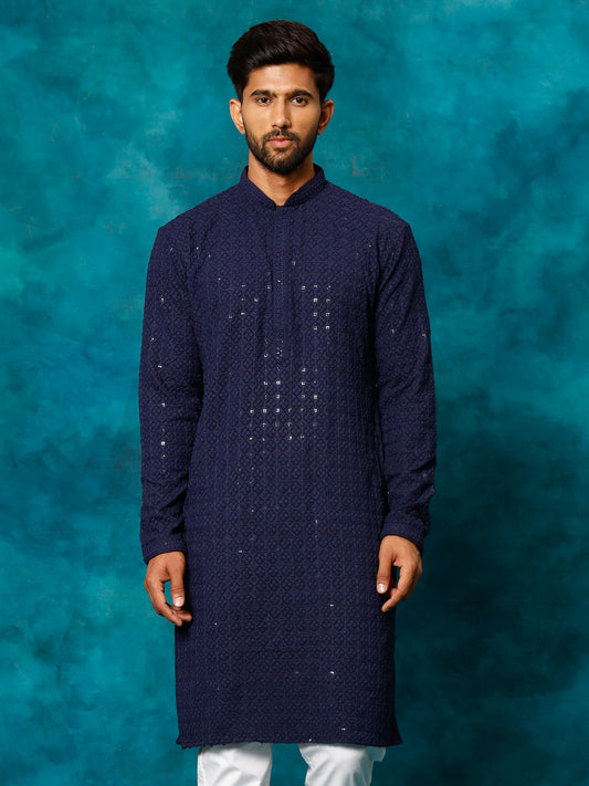 Men's Navy Blue Rayon Cotton Kurta