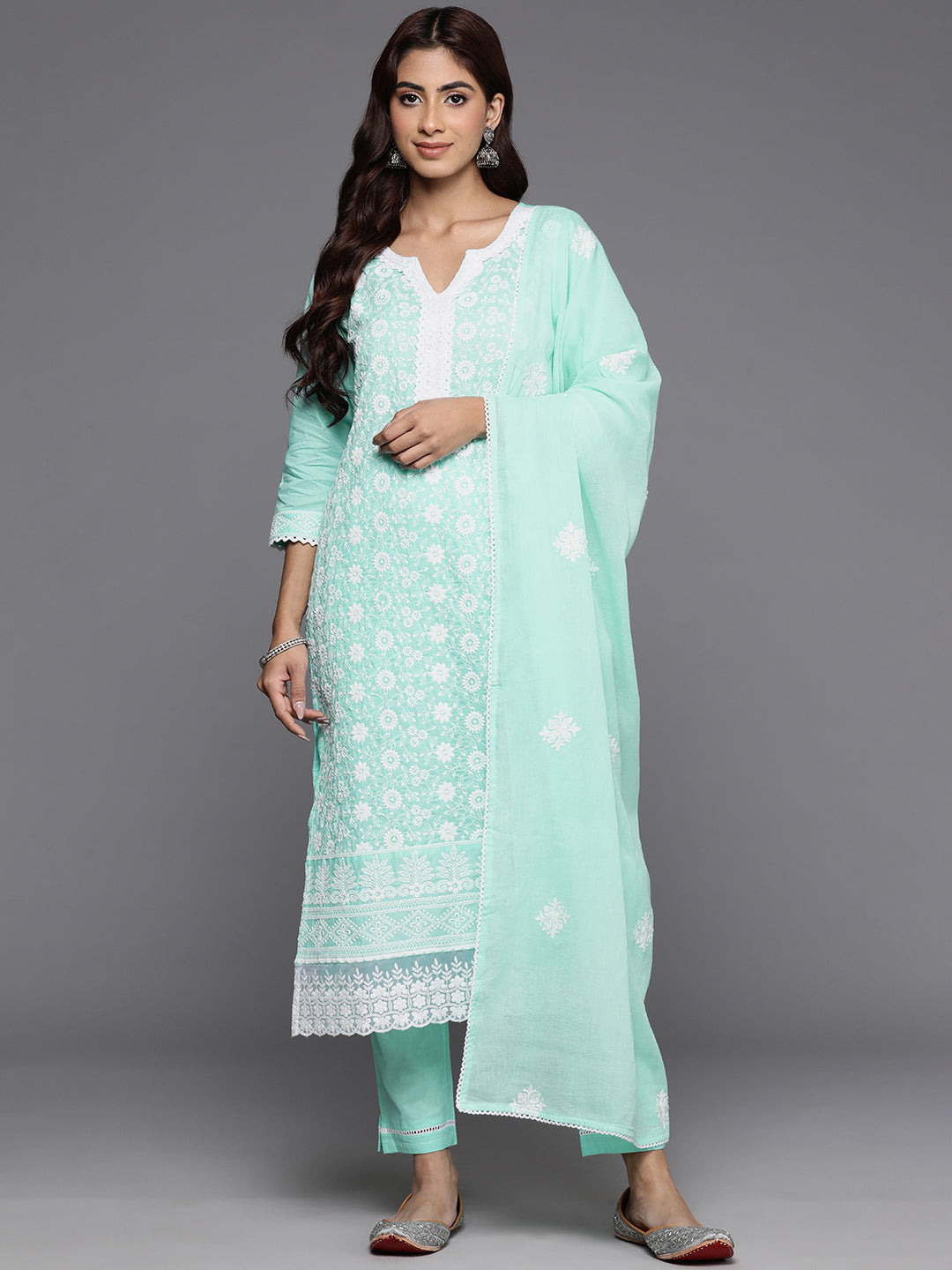 Women Sea Green Thread Embroidered Straight Kurta With Bottom And Dupatta