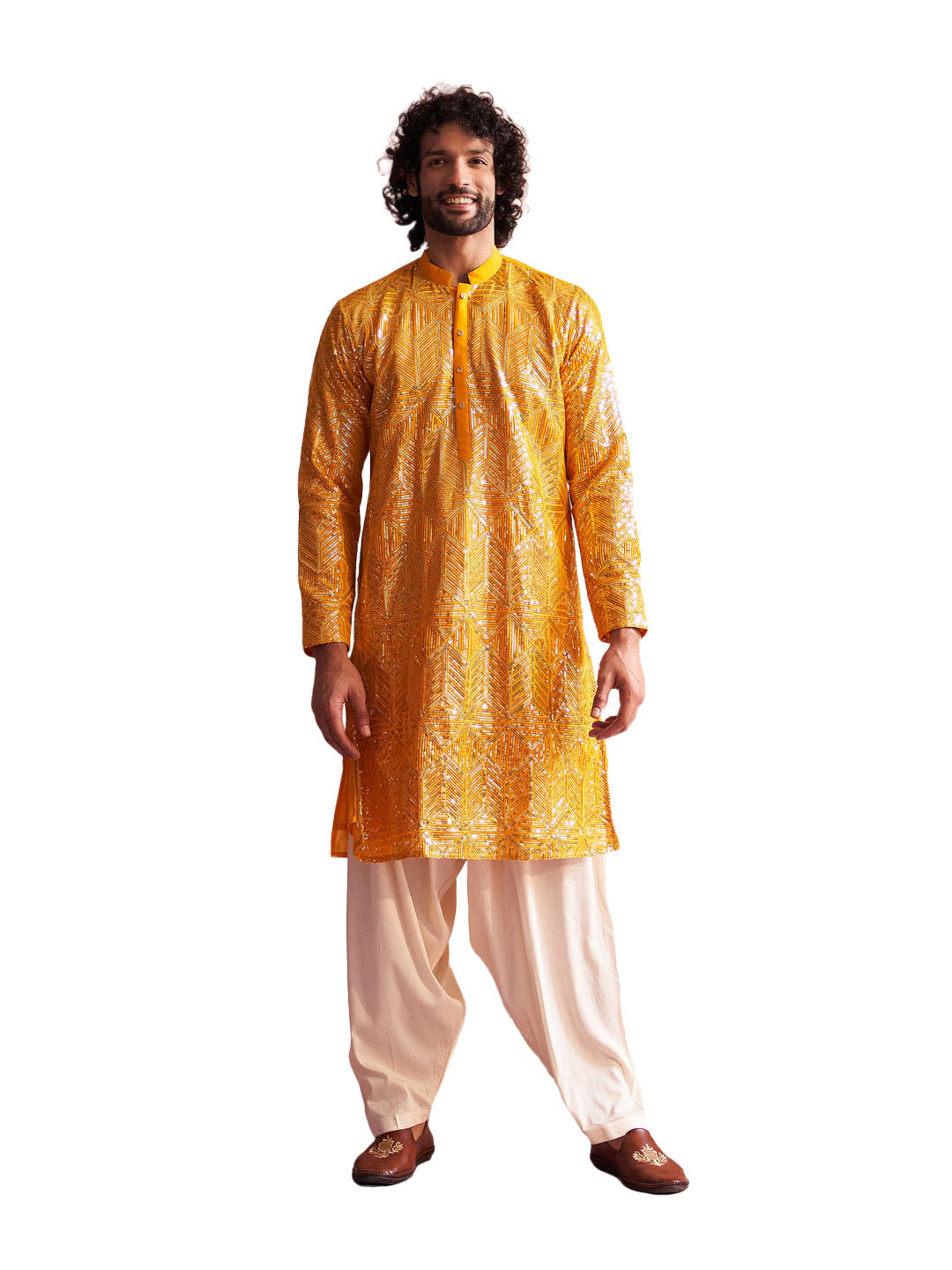 Men's Yellow And Cream Georgette Kurta and Patiala Set