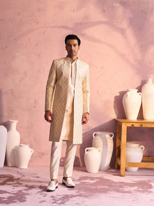 Men's Beige Silk Blend Sherwani Set