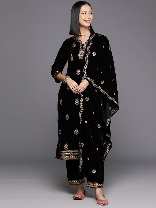 Women Black Placement Design Embroidered Kurta Paired With Tonal Embroidered Bottom And Dupatta