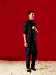 Men's Black Viscose Jacket, Kurta and Pyjama Set