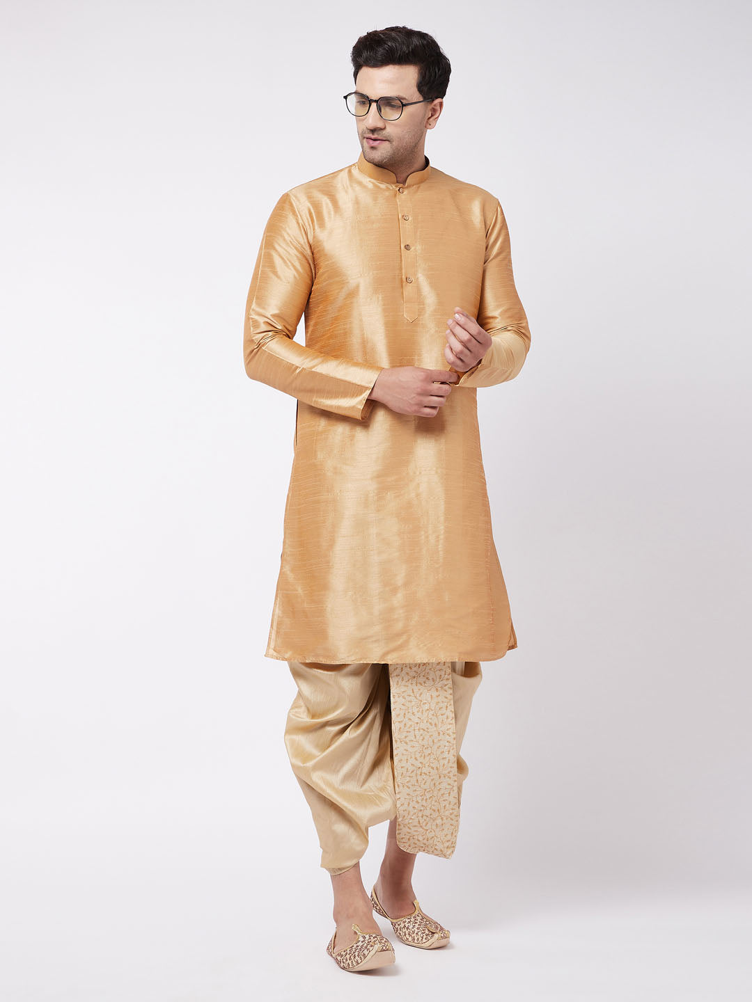 Men's Gold Silk Blend Embroidered Dhoti