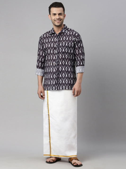 Men's Black Cotton Blend Ethnic Shirt And Mundu Set