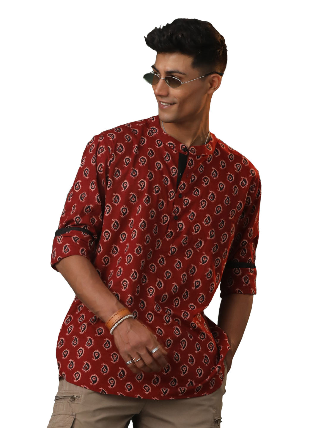 Men's Maroon Cotton Short Kurta