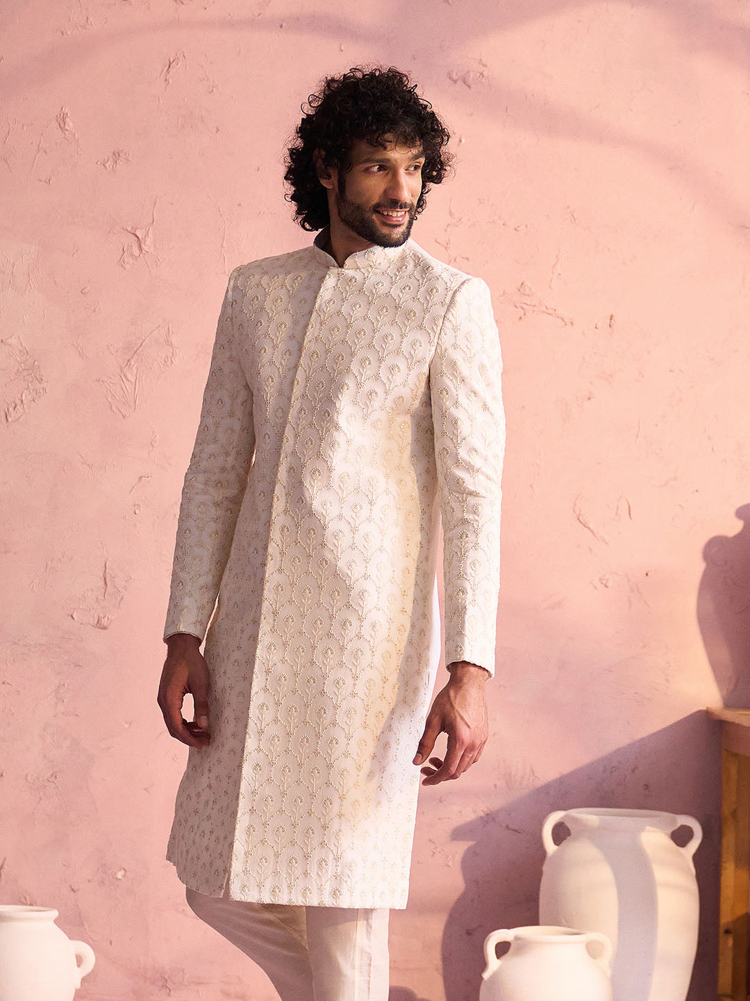 Men's Cream Georgette Sherwani Only Top