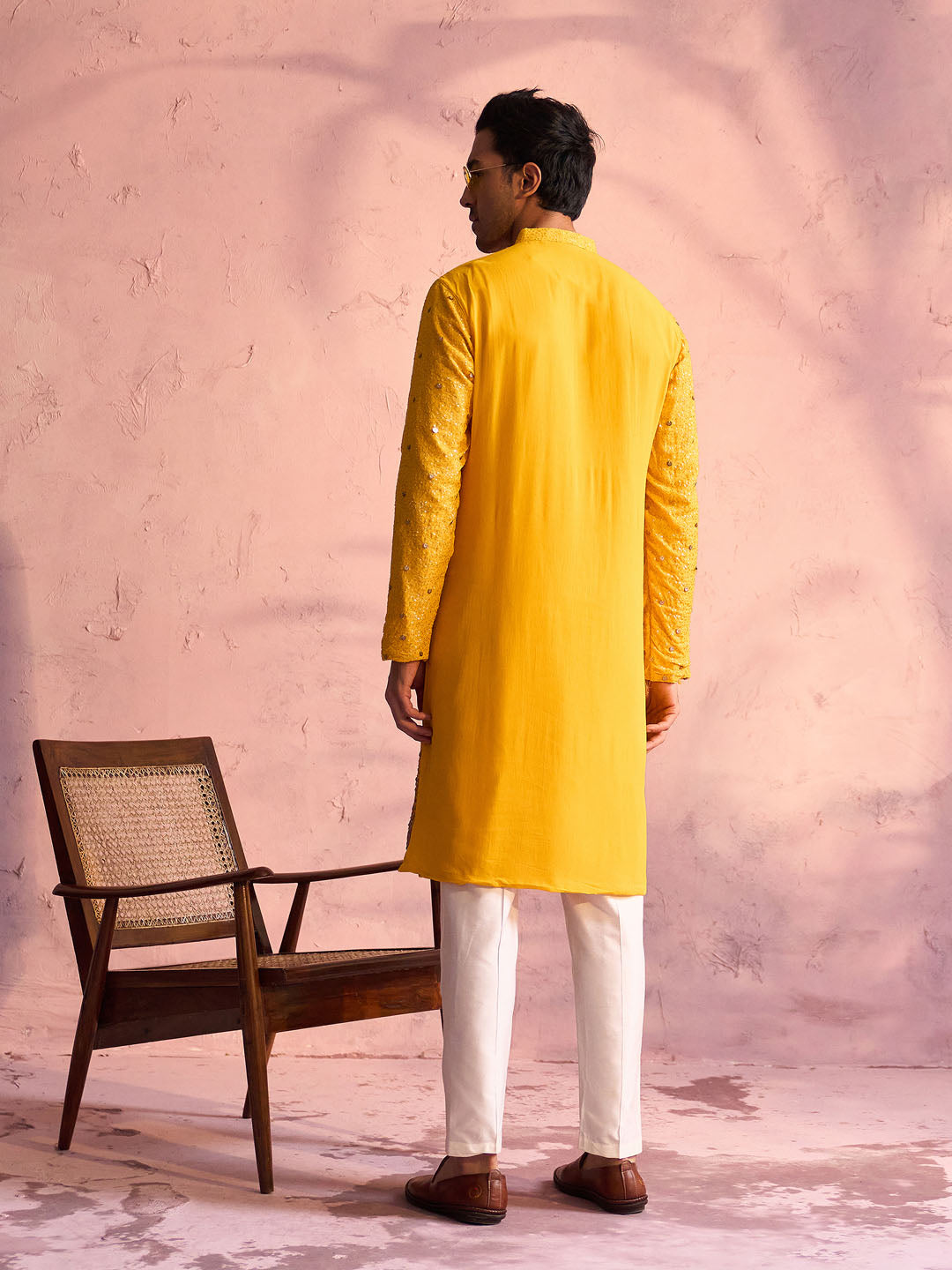 Men's Yellow And Cream Georgette Kurta Pyjama Set