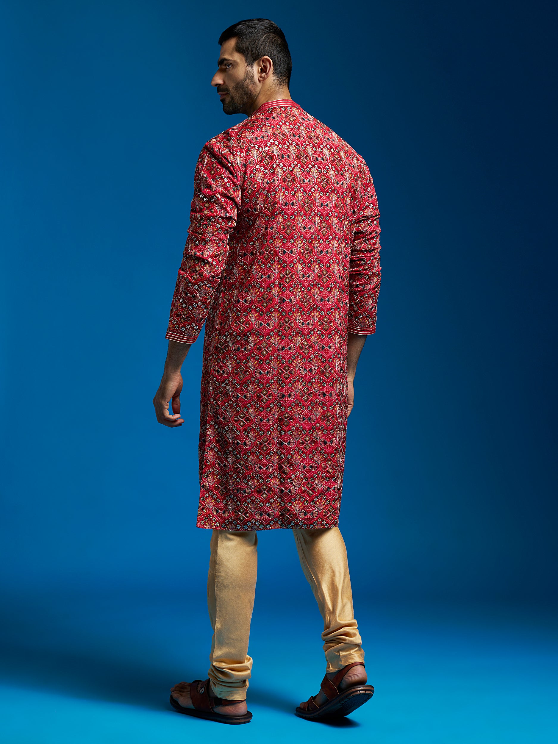 Men's Red Chinon Kurta And Pyjama Set.