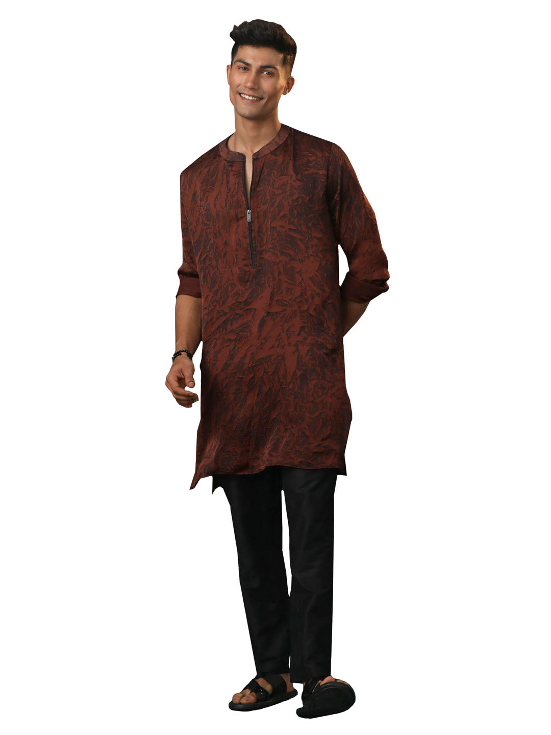 Men's Coffe And Black Cotton Blend Kurta Pyjama Set