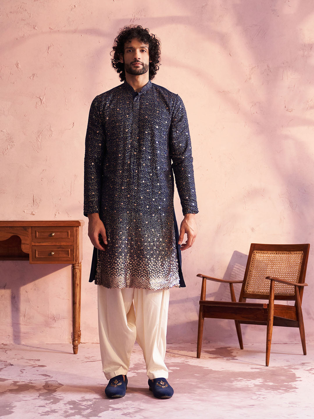 Men's Navy blue And Cream Georgette Kurta and Patiala Set