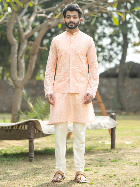 Men's Peach And Cream Cotton Jacket, Kurta and Pyjama Set