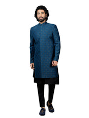 Men's Turquoise And Black Viscose Sherwani Set