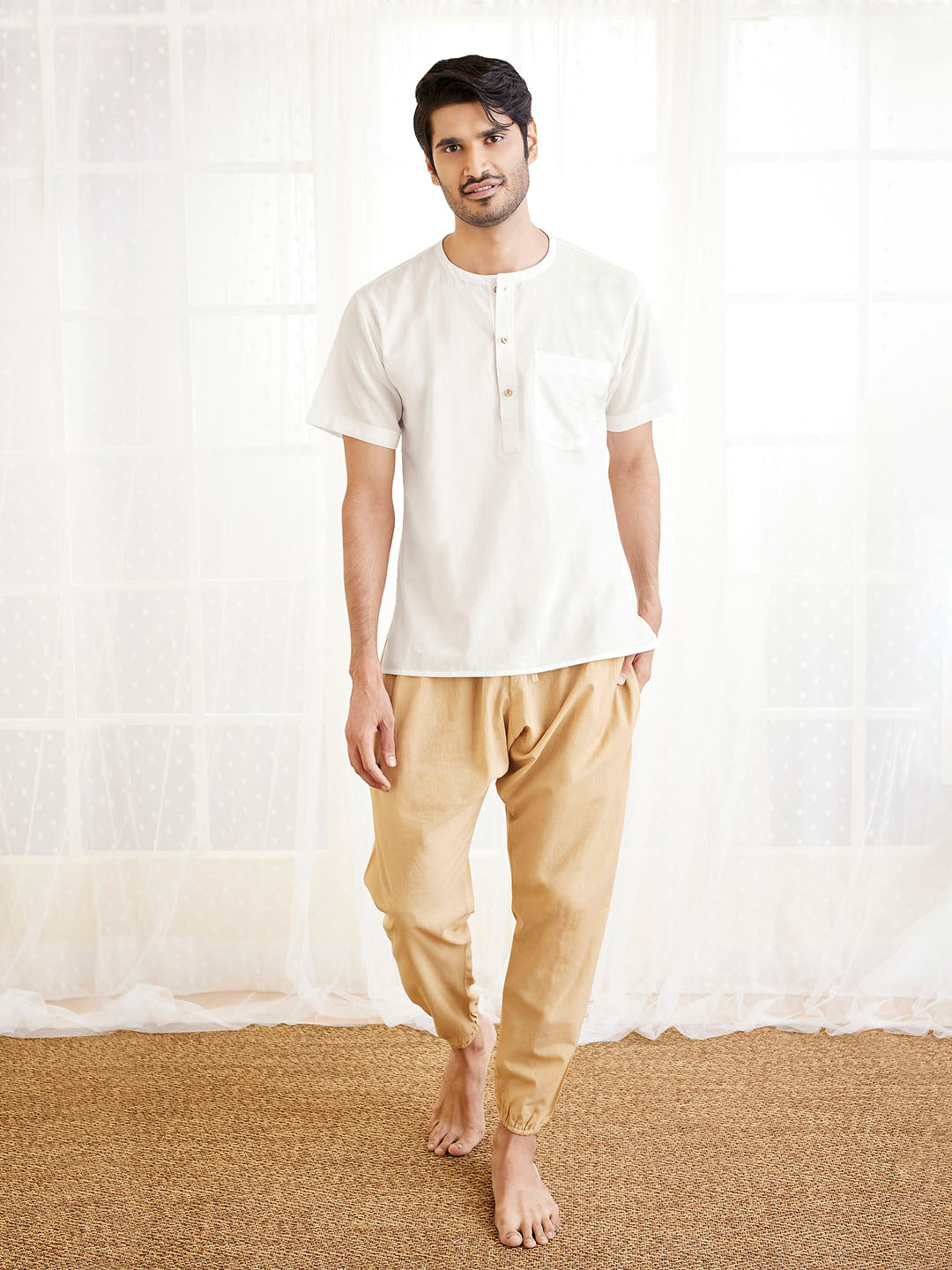 Men's White And Beige Cotton Kurta Pyjama Set