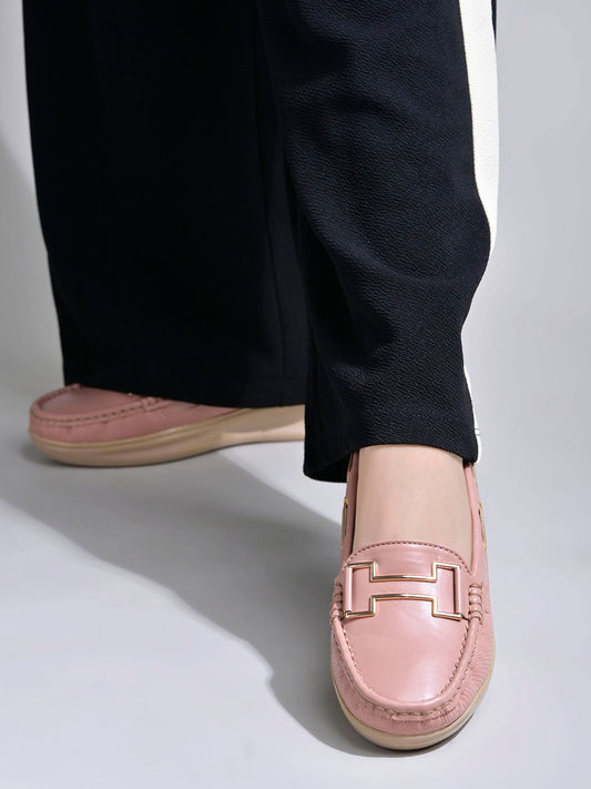 Shoetopia upper Buckle Detailed Peach Loafers For Women & Gilrs