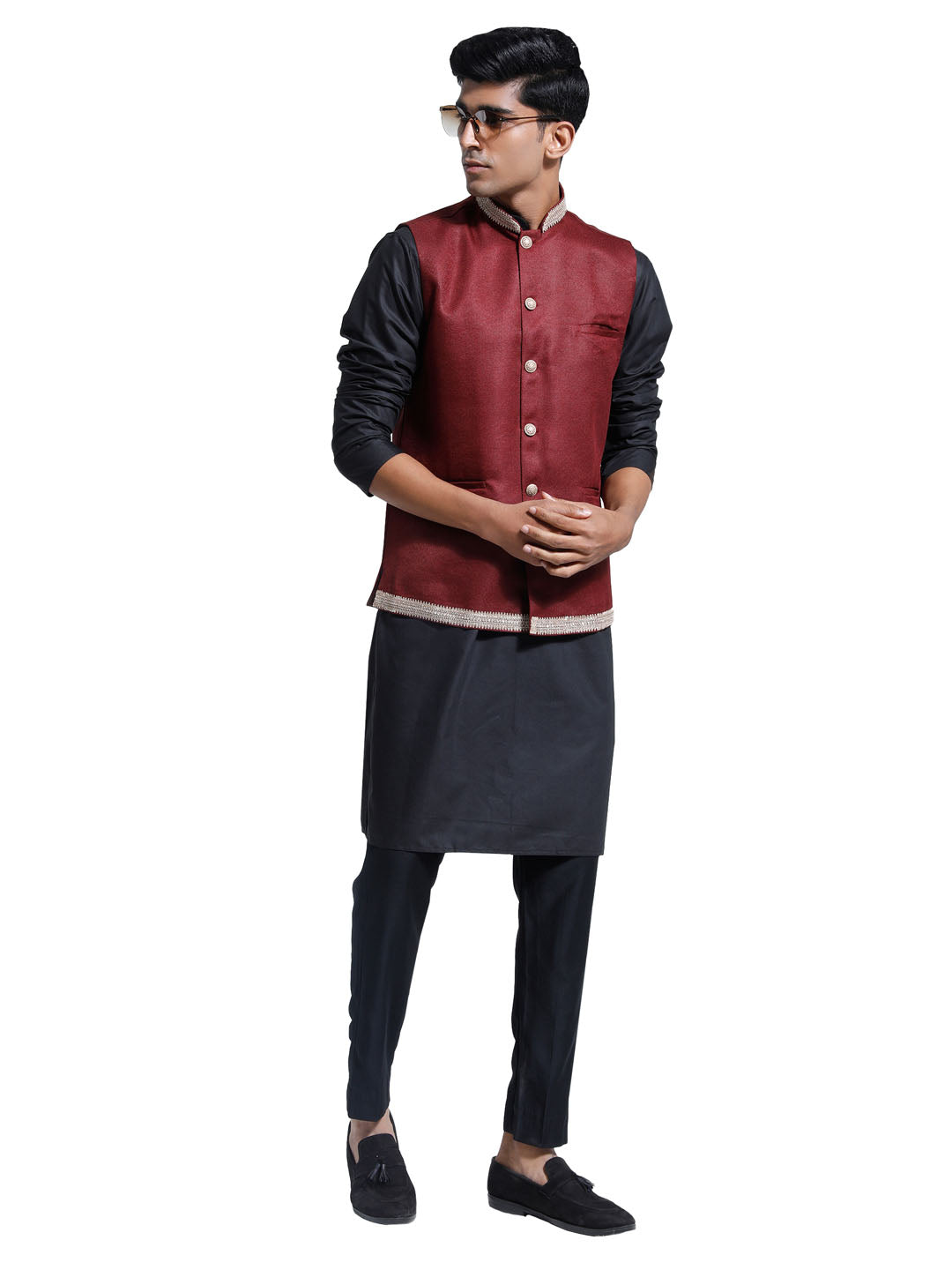 Men's Maroon And Black Cotton Silk Jacket, Kurta and Pyjama Set