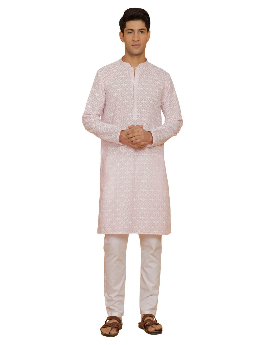 Men's Pink And White Cotton Kurta And Pyjama Set