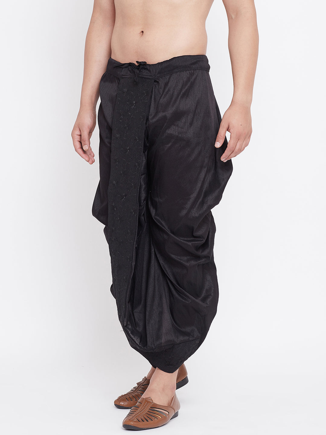 Men's Black Silk Blend Embroidered Dhoti