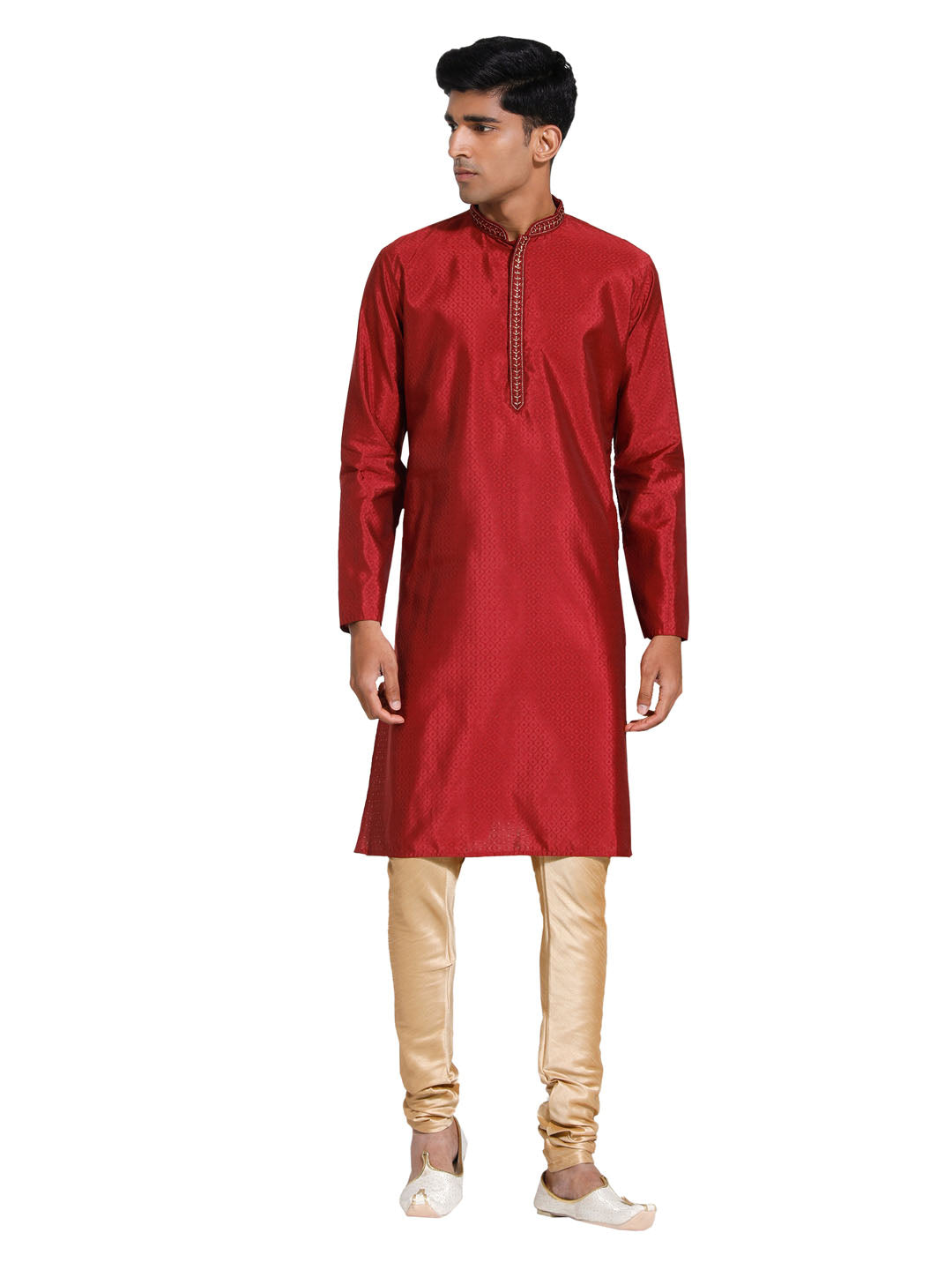 Men's Maroon And Cream Silk Blend Kurta Pyjama Set