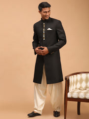 Men's Black And Cream Viscose Sherwani Set