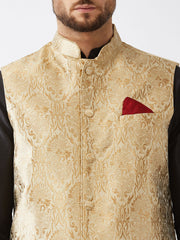 Men's Black, Rose Gold And Maroon Silk Blend Jacket, Kurta and Dhoti Set