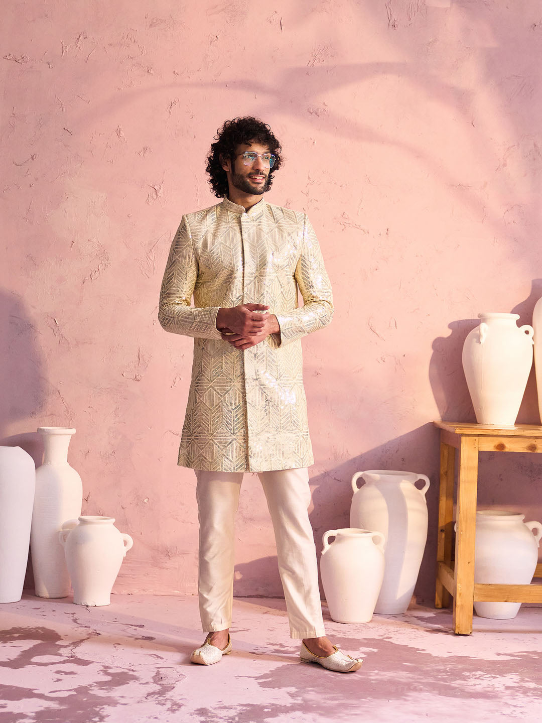 Men's Cream Georgette Sherwani Set