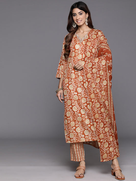 Women Rust  Floral Printed Kurta Paired With Bottom & Dupatta