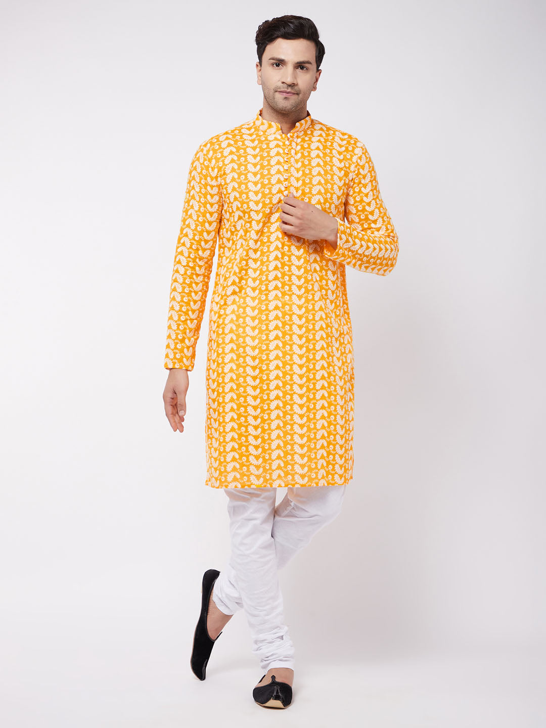 Men's Orange And White Pure Cotton Kurta Pyjama Set