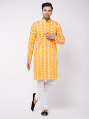 Men's Orange And White Pure Cotton Kurta Pyjama Set