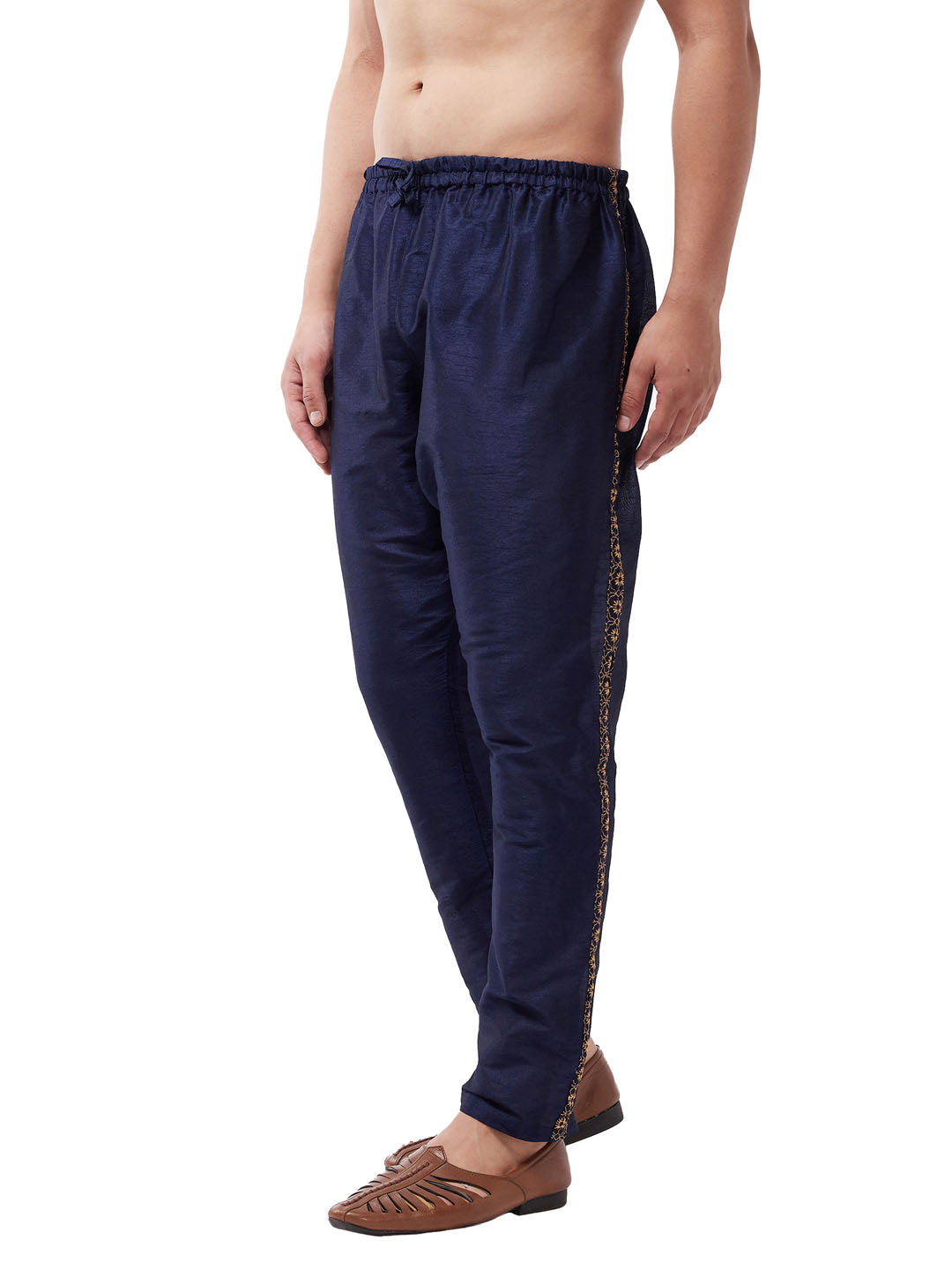 Men's Navy Blue Silk Blend Embroidered Pyjama