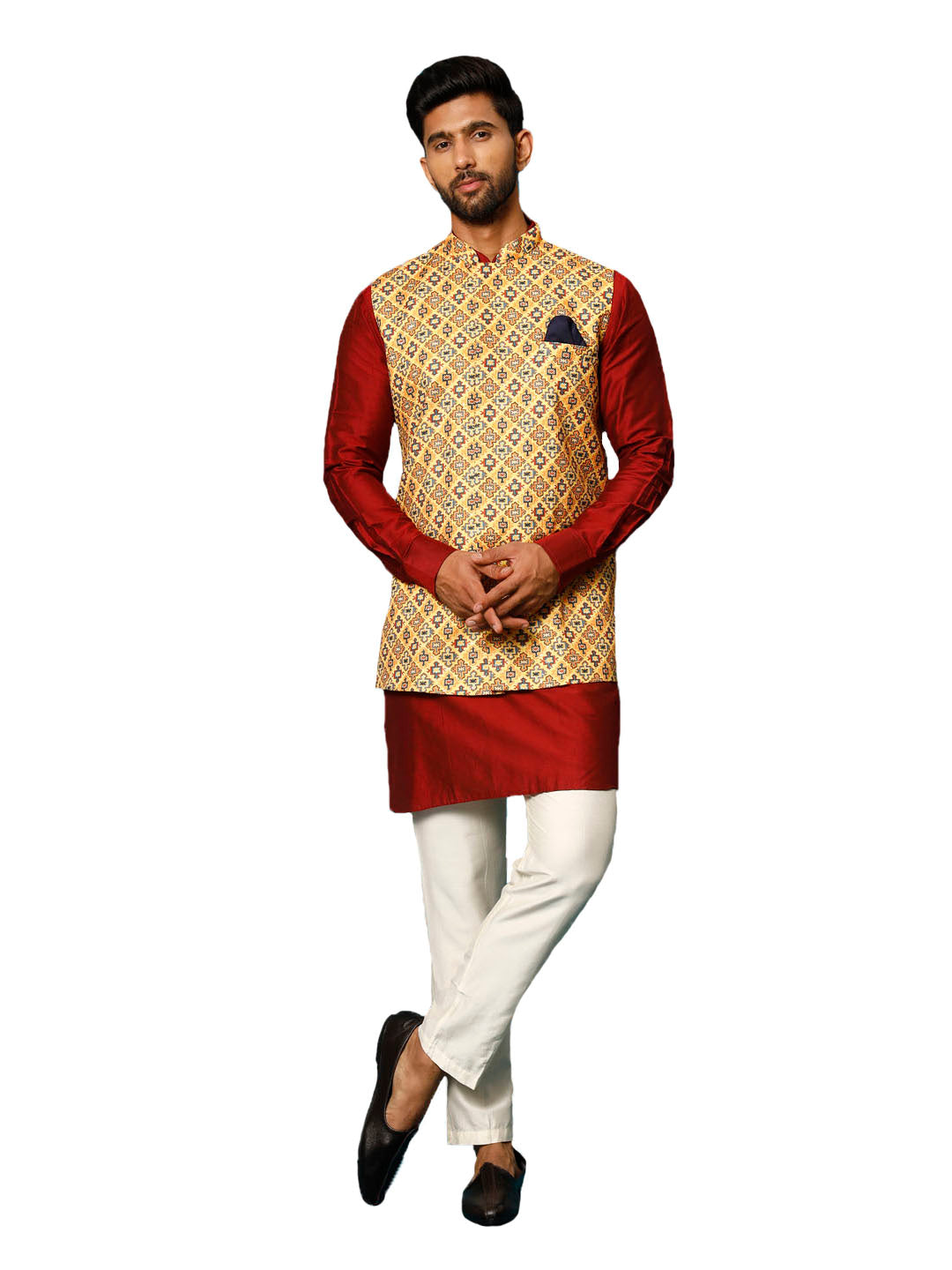 Men's Mustard Yellow, Maroon And Cream Viscose Jacket, Kurta and Pyjama Set