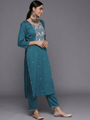 Kalini Blue Yoke Embroidered Kurta Paired With Straight Pant And Organza Dupatta