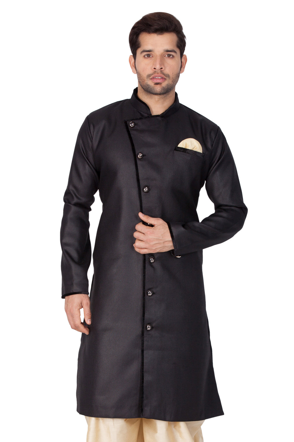 Men's Black Cotton Blend Sherwani Only Top