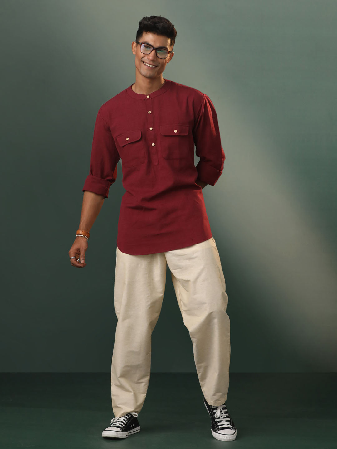 Men's Maroon Cotton Short Kurta