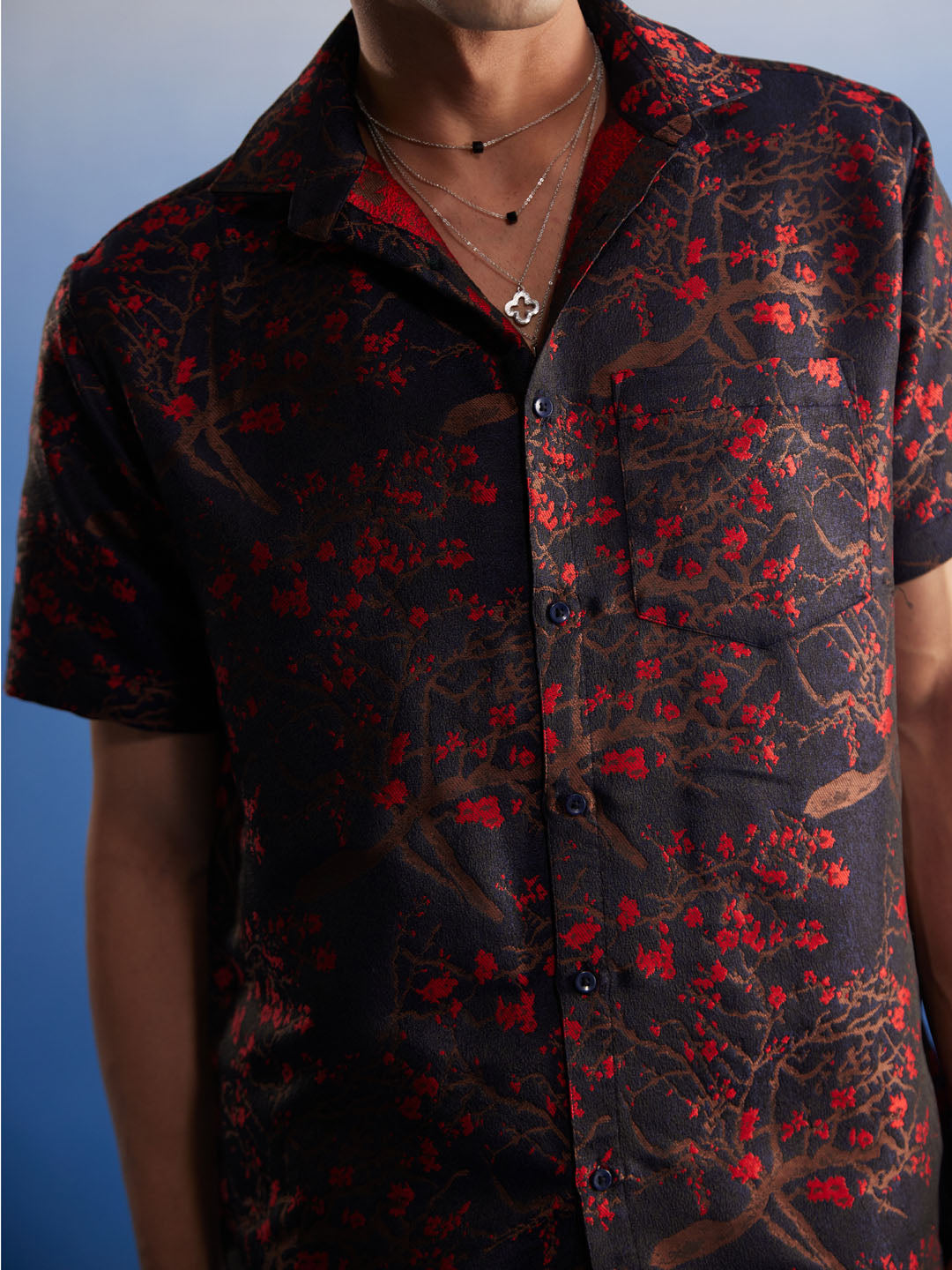 Men's Black Base Red Silk Blend Ethnic Shirt