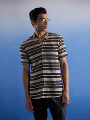 Men's Beige And Black Cotton Blend Ethnic Shirt