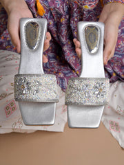 Shoetopia Embellished Silver Flats For Women & Girls