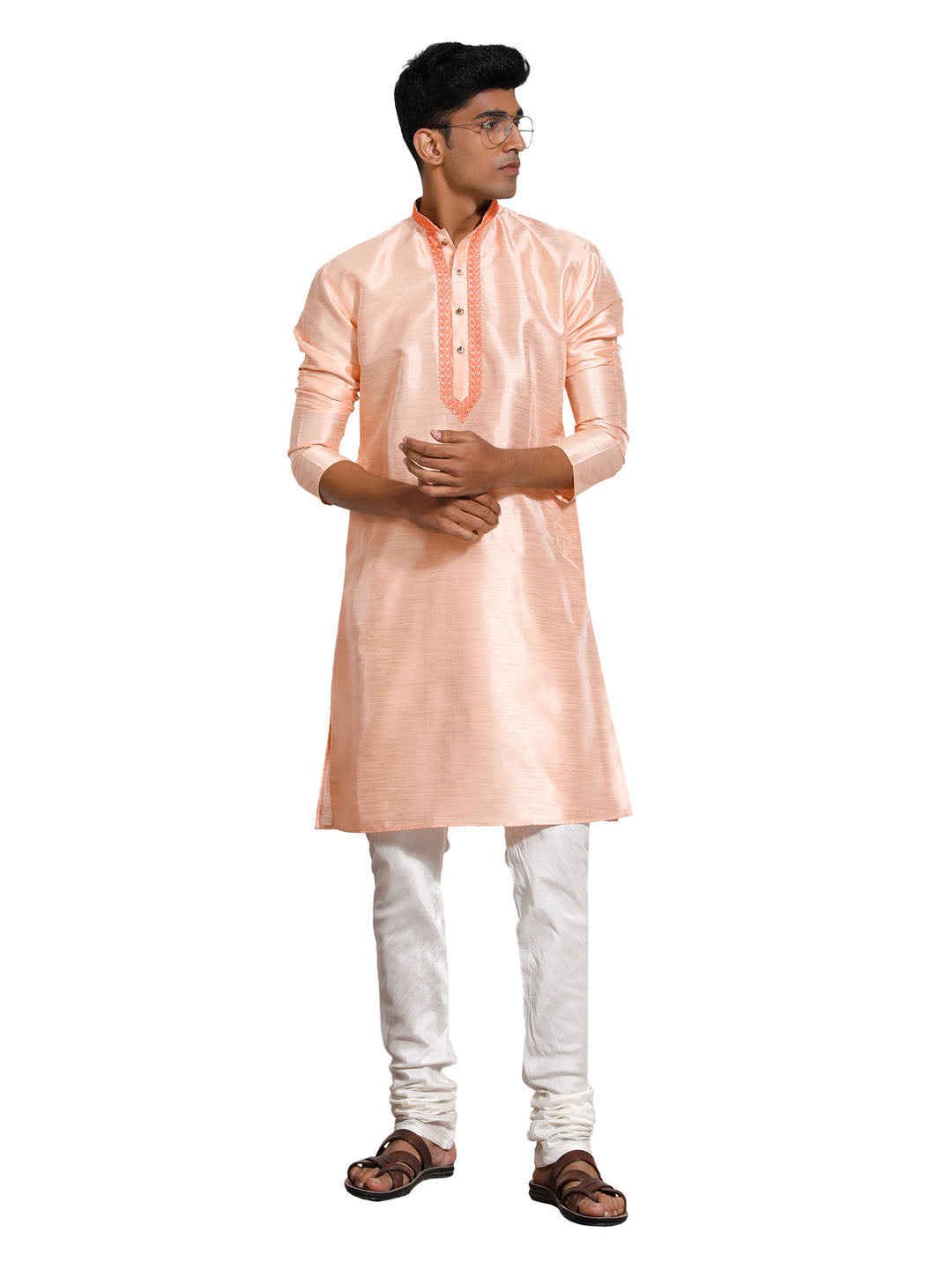 Men's Peach And Cream Dupion Silk Kurta Pyjama Set